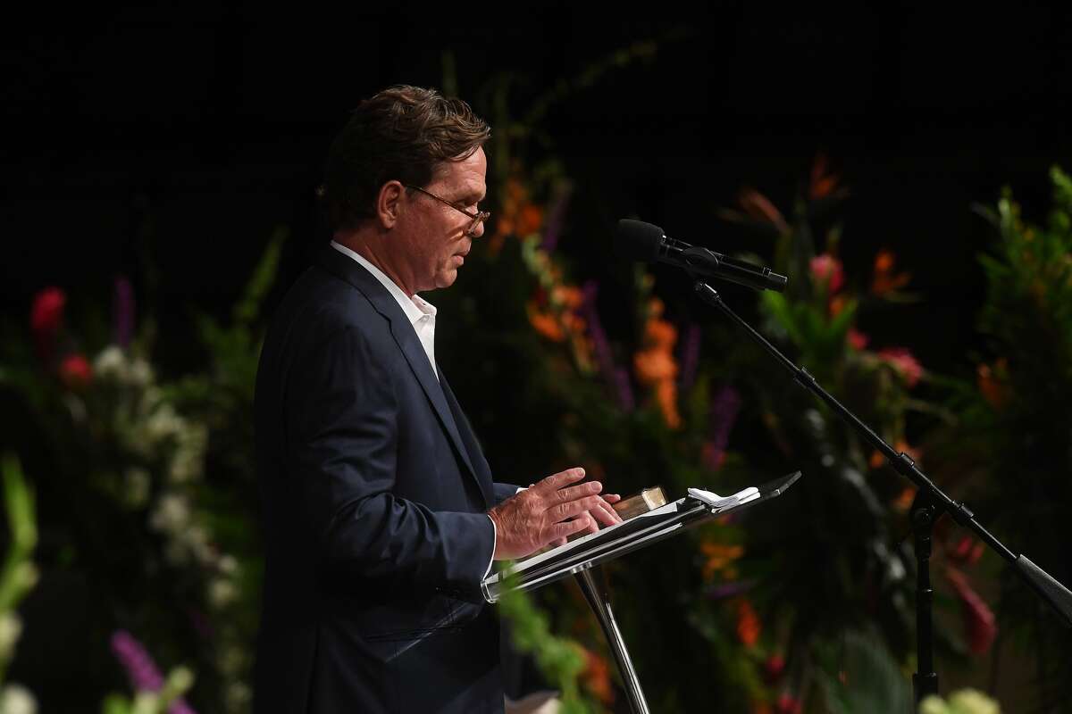 Will Leonard shares his memories with those gathered at the funeral service for W.L. Pate at One City Church Friday. Photo made Friday, June 25, 2021 Kim Brent/The Enterprise