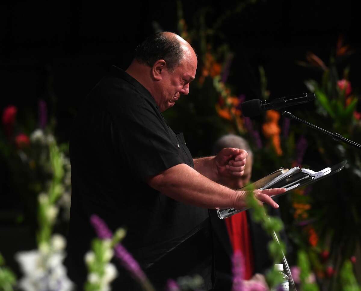 Robert Pate addresses the gathering during the funeral service for his brother W.L. Pate at One City Church Friday. Photo made Friday, June 25, 2021 Kim Brent/The Enterprise