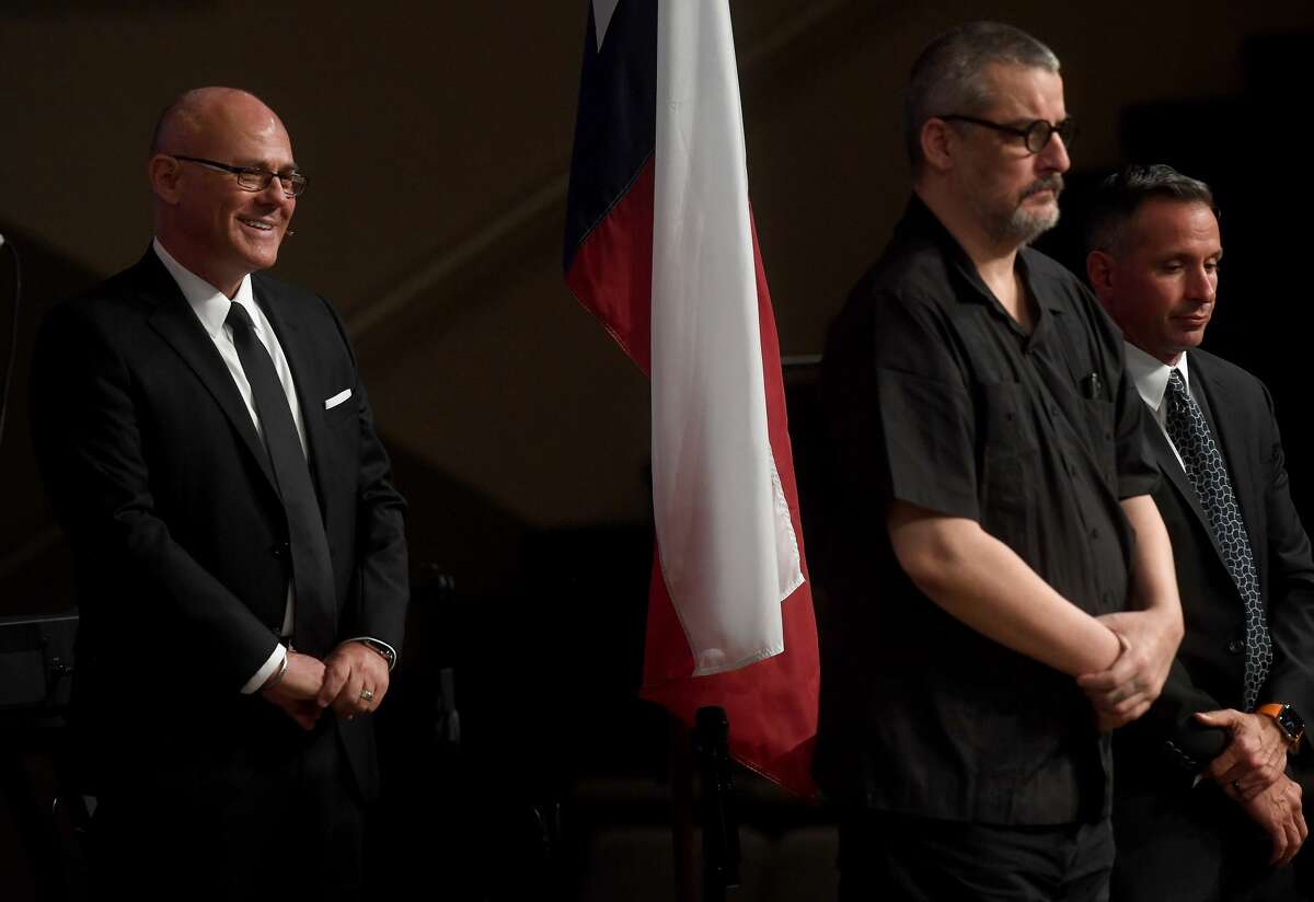 Randy Feldschau reacts as friends and family share memories during the funeral service for W.L. Pate at One City Church Friday. Photo made Friday, June 25, 2021 Kim Brent/The Enterprise