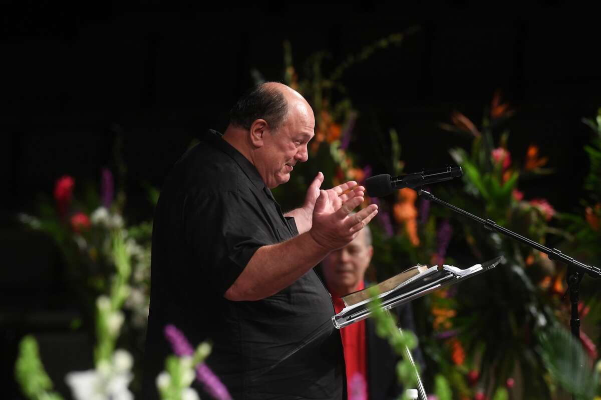 Robert Pate shares stories of his brother during the funeral service for W.L. Pate at One City Church Friday. Photo made Friday, June 25, 2021 Kim Brent/The Enterprise