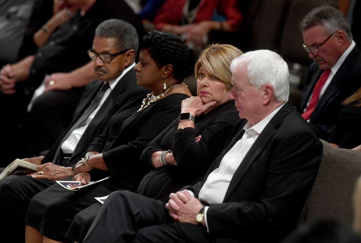 Mayor Becky Ames is reflective during the funeral service for W.L. Pate at One City Church Friday. Photo made Friday, June 25, 2021 Kim Brent/The Enterprise