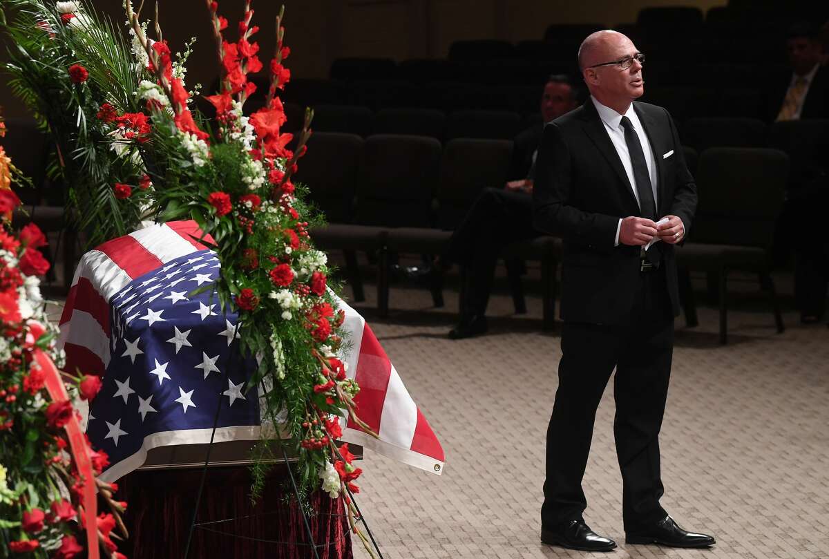 Randy Feldschau addresses those gathered at the funeral service for W.L. Pate at One City Church Friday. Photo made Friday, June 25, 2021 Kim Brent/The Enterprise