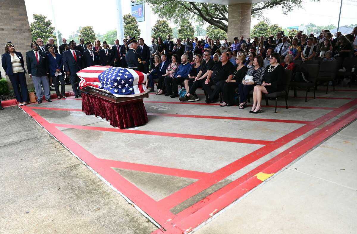 The crowd gathers outside for a military honors ceremony during the funeral service for W.L. Pate at One City Church Friday. Photo made Friday, June 25, 2021 Kim Brent/The Enterprise