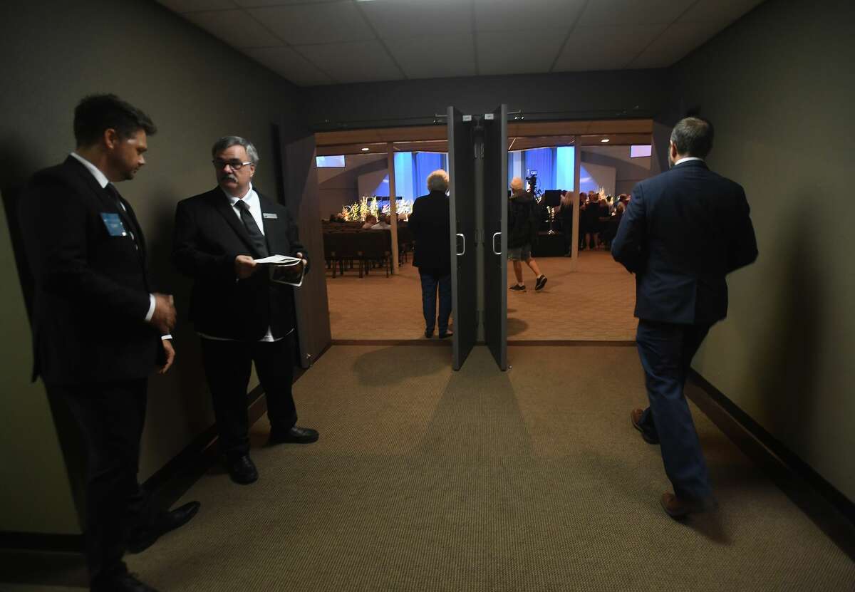 Guests make their way into the sanctuary during the funeral service for W.L. Pate at One City Church Friday. Photo made Friday, June 25, 2021 Kim Brent/The Enterprise