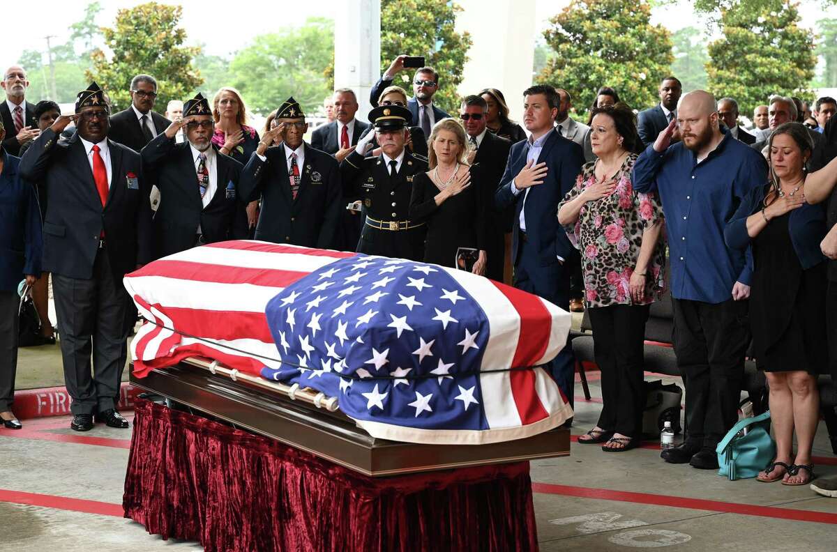 Attendees join in the military honors ceremony during the funeral service for W.L. Pate at One City Church Friday. Photo made Friday, June 25, 2021 Kim Brent/The Enterprise