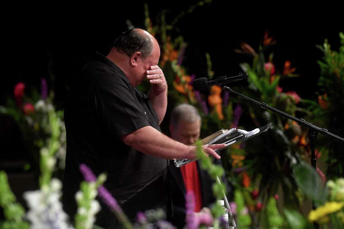 Robert Pate becomes emotional as he talks about his older brother during the funeral service for W.L. Pate at One City Church Friday. Photo made Friday, June 25, 2021 Kim Brent/The Enterprise