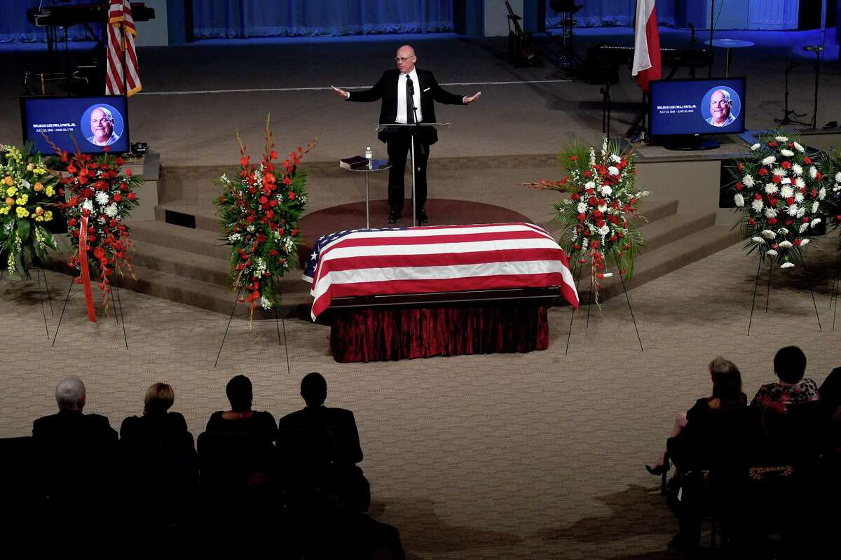 Pastor and fellow councilman Randy Feldschau offers a eulogy during the funeral service for W.L. Pate at One City Church Friday. Photo made Friday, June 25, 2021 Kim Brent/The Enterprise