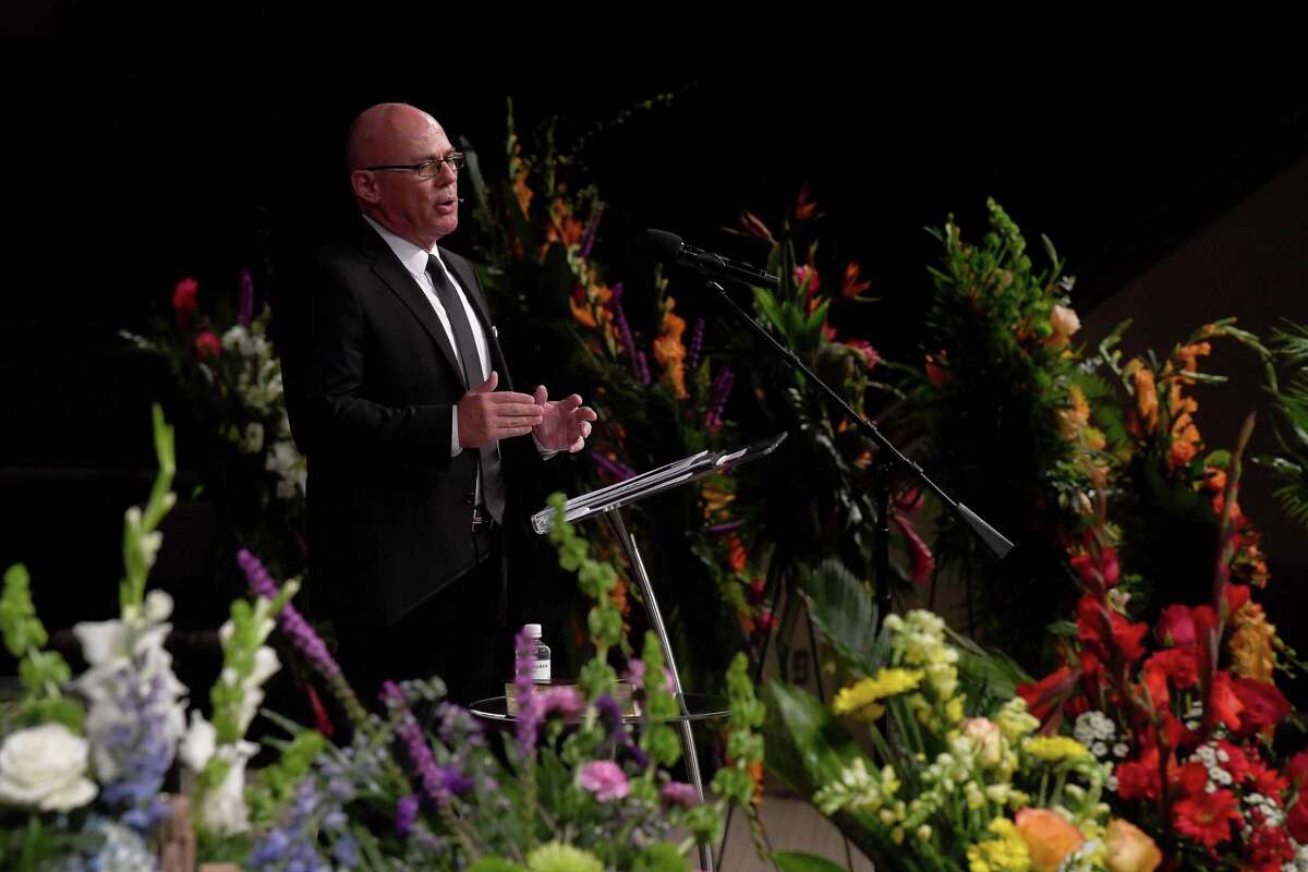 Pastor and fellow councilman Randy Feldschau offers a eulogy during the funeral service for W.L. Pate at One City Church Friday. Photo made Friday, June 25, 2021 Kim Brent/The Enterprise
