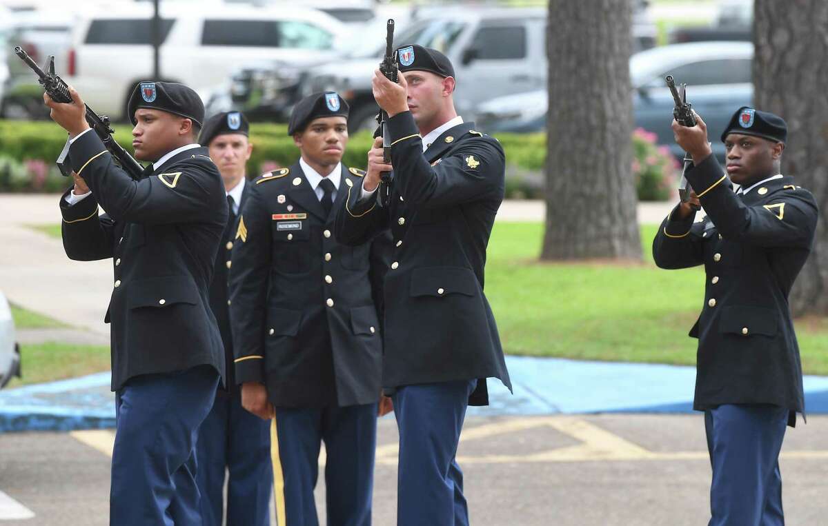 A 21-gun salute is fired as military honors are bestowed during the funeral service for W.L. Pate at One City Church Friday. Photo made Friday, June 25, 2021 Kim Brent/The Enterprise