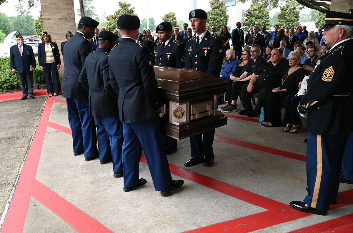 The crowd gathers outside for a military honors ceremony during the funeral service for W.L. Pate at One City Church Friday. Photo made Friday, June 25, 2021 Kim Brent/The Enterprise