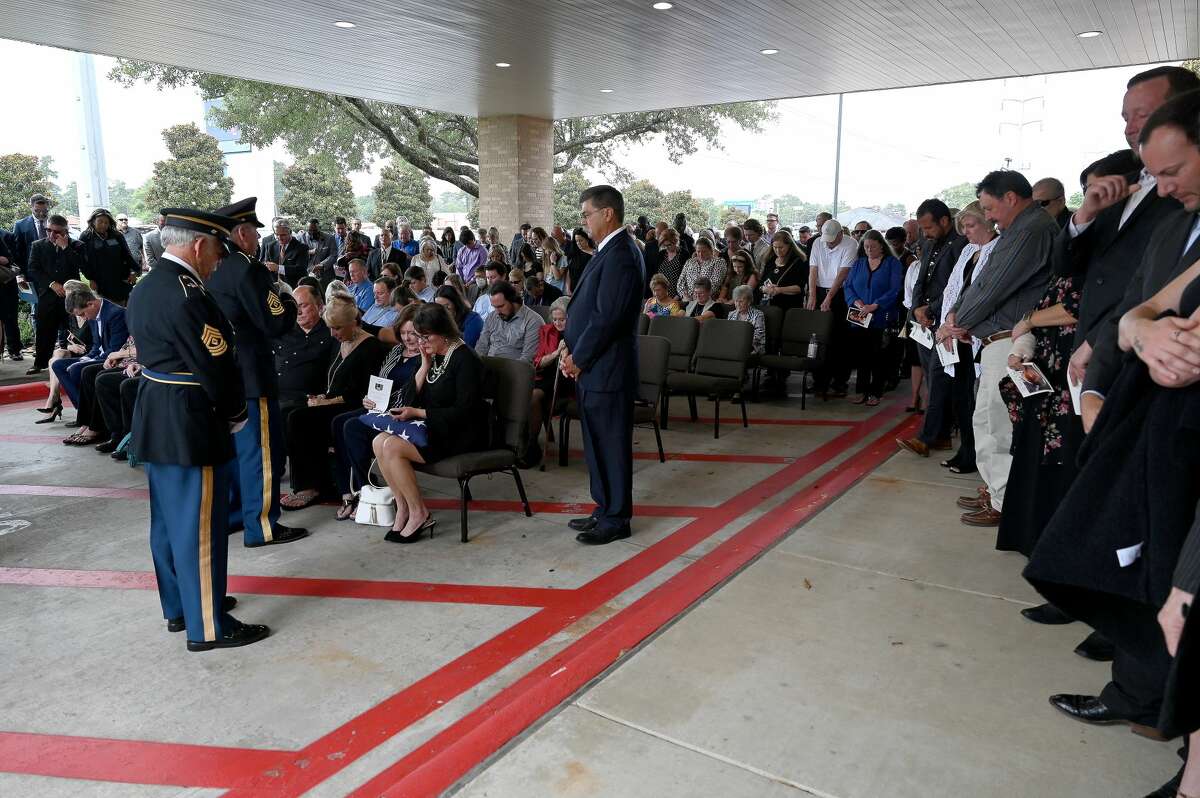 The crowd gathers outside for a military honors ceremony during the funeral service for W.L. Pate at One City Church Friday. Photo made Friday, June 25, 2021 Kim Brent/The Enterprise