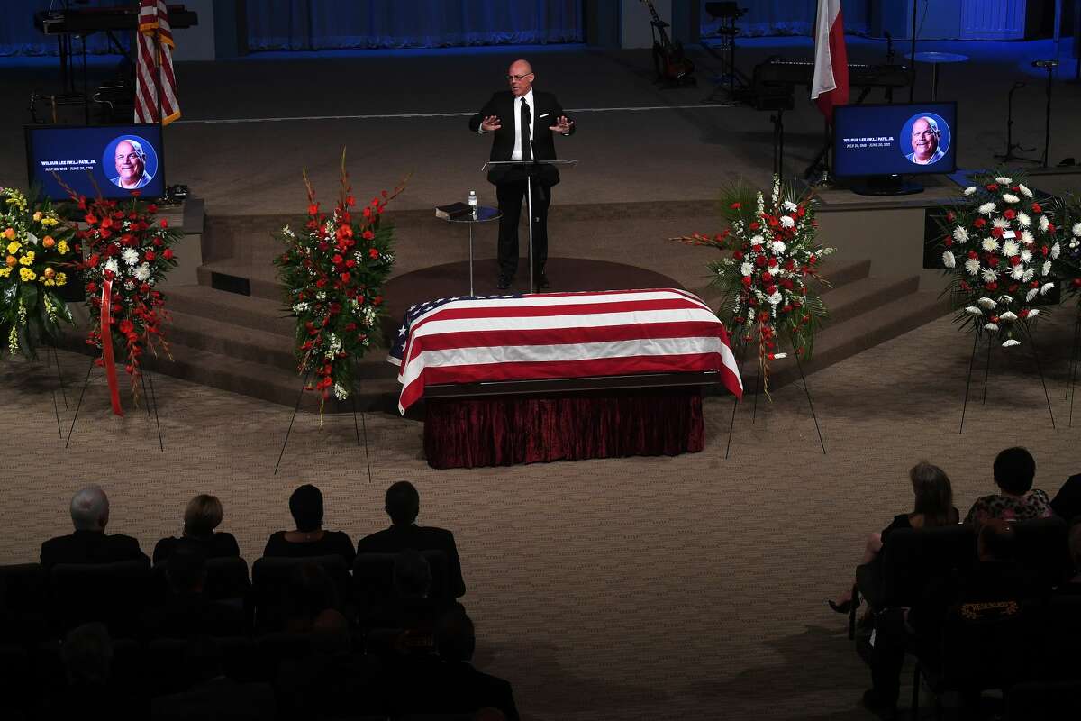 Randy Feldschau speaks during the funeral service for W.L. Pate at One City Church Friday. Photo made Friday, June 25, 2021 Kim Brent/The Enterprise