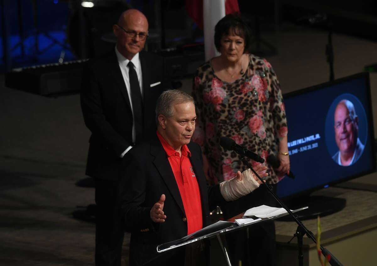 Frank Messina speaks about his lfe-long friend during the funeral service for W.L. Pate at One City Church Friday. Photo made Friday, June 25, 2021 Kim Brent/The Enterprise