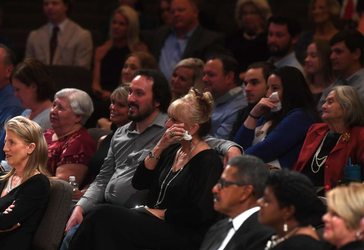 Sandy Pate reacts as her husband Robert reflects on his brother during the funeral service for W.L. Pate at One City Church Friday. Photo made Friday, June 25, 2021 Kim Brent/The Enterprise