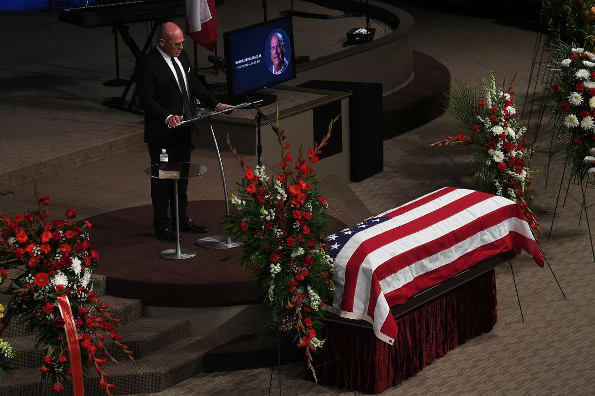 Randy Feldschau speaks during the funeral service for W.L. Pate at One City Church Friday. Photo made Friday, June 25, 2021 Kim Brent/The Enterprise