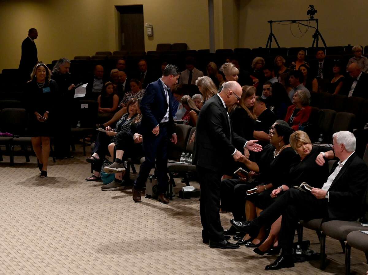 Randy Feldschau greets guests, including his fellow council members, during the funeral service for W.L. Pate at One City Church Friday. Photo made Friday, June 25, 2021 Kim Brent/The Enterprise