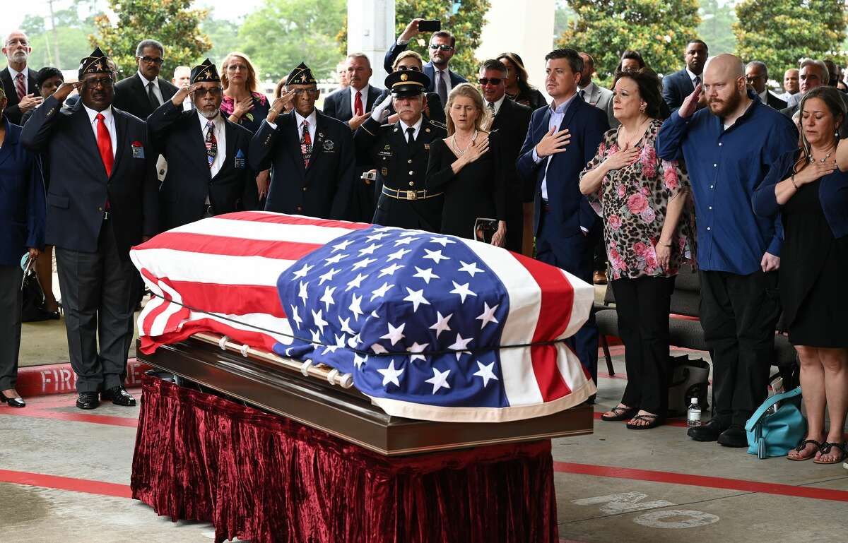 The crowd gathers outside for a military honors ceremony during the funeral service for W.L. Pate at One City Church Friday. Photo made Friday, June 25, 2021 Kim Brent/The Enterprise