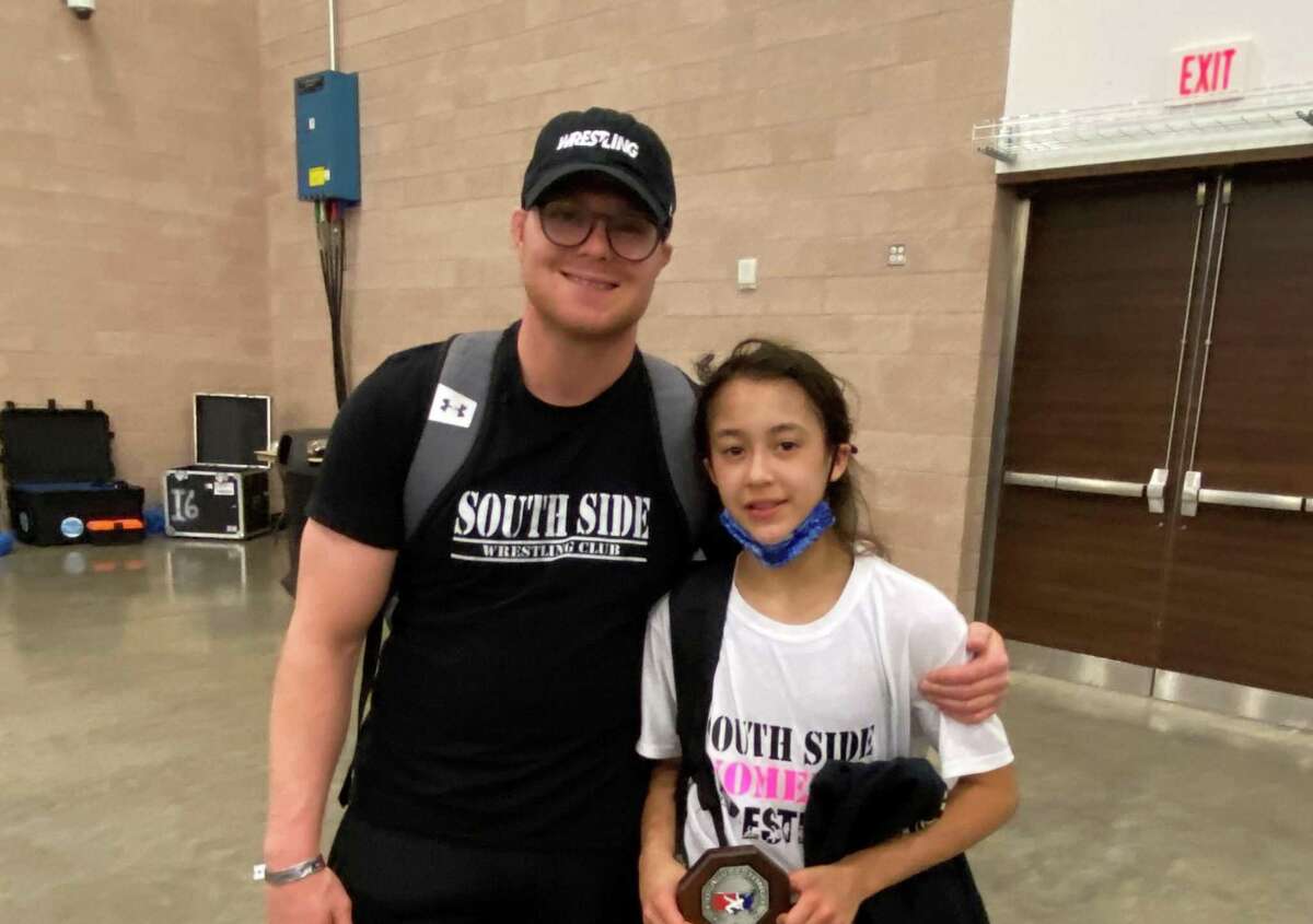 Kayla Batres at the 2021 USA women’s freestyle nationals (Irving, TX) with coach Brandon Fulco.