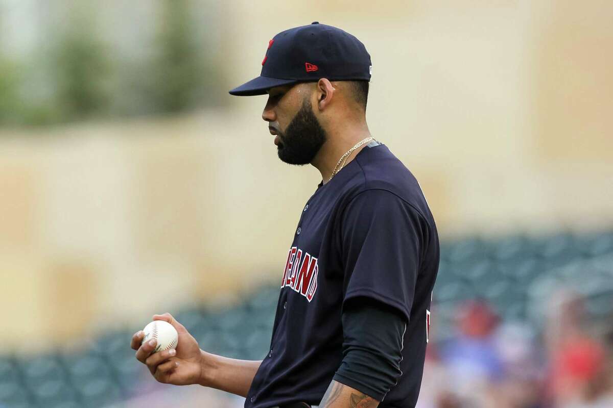 MINNEAPOLIS, MN - JUNE 24: J.C. Mejia #36 of the Cleveland Indians looks on after Luis Arraez of the Minnesota Twins scored a run on a wild pitch in the first inning at Target Field on June 24, 2021 in Minneapolis, Minnesota. (Photo by David Berding/Getty Images)