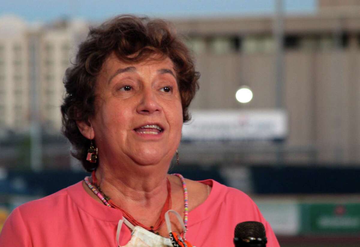 Democratic Party Chairman Nancy DiNardo speaks to the media while attending the virtual democratic convention for the nomination of Joe Biden for president at Dunkin' Donuts Park in Hartford, Conn., on Thursday Aug. 20, 2020.