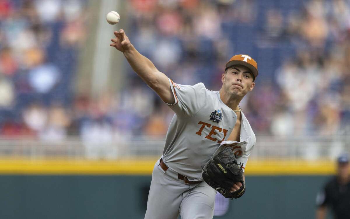 Texas starting pitcher Tristan Stevens throws against Mississippi State in the first inning during a baseball game in the College World Series Saturday, June 26, 2021, at TD Ameritrade Park in Omaha, Neb. (AP Photo/Rebecca S. Gratz)