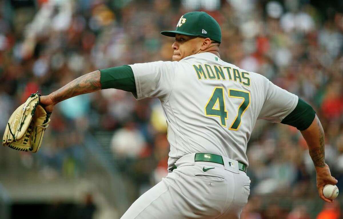 Oakland Athletics starting pitcher Frankie Montas (47) against the San Francisco Giants in the first inning during an MLB game at Oracle Park, Saturday, June 26, 2021, in San Francisco, Calif.