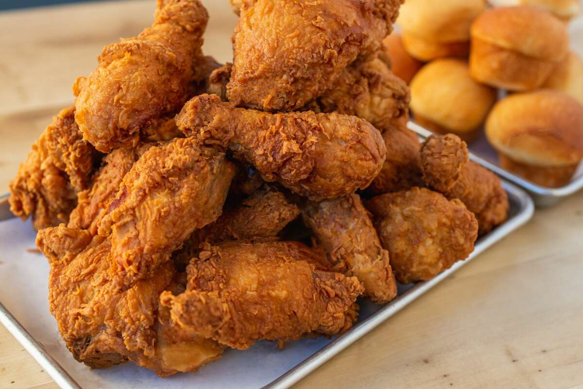 A close-up of Ezell's famous fried chicken and their delicious rolls.