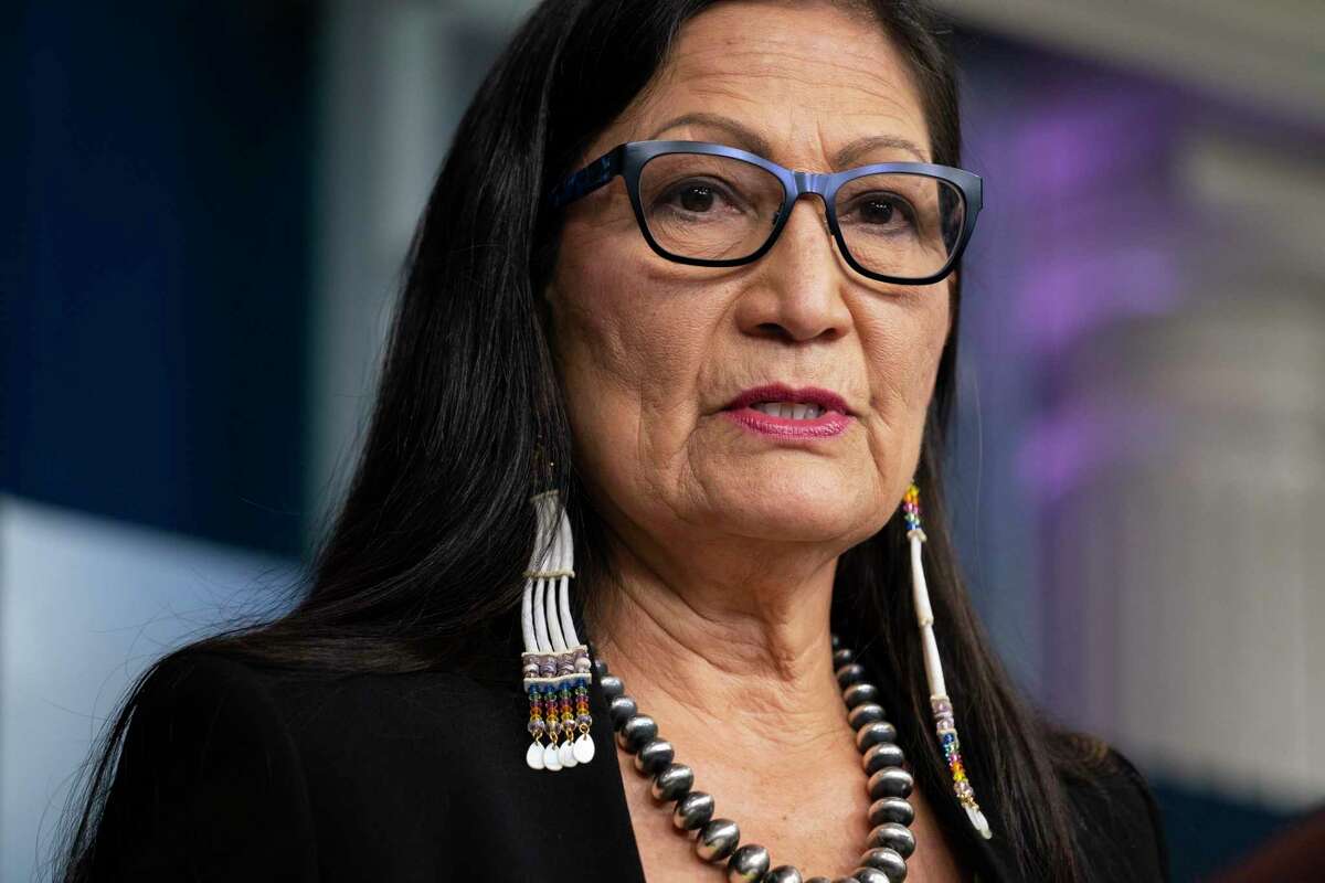 Interior Secretary Deb Haaland speaks during a news briefing at the White House in Washington.