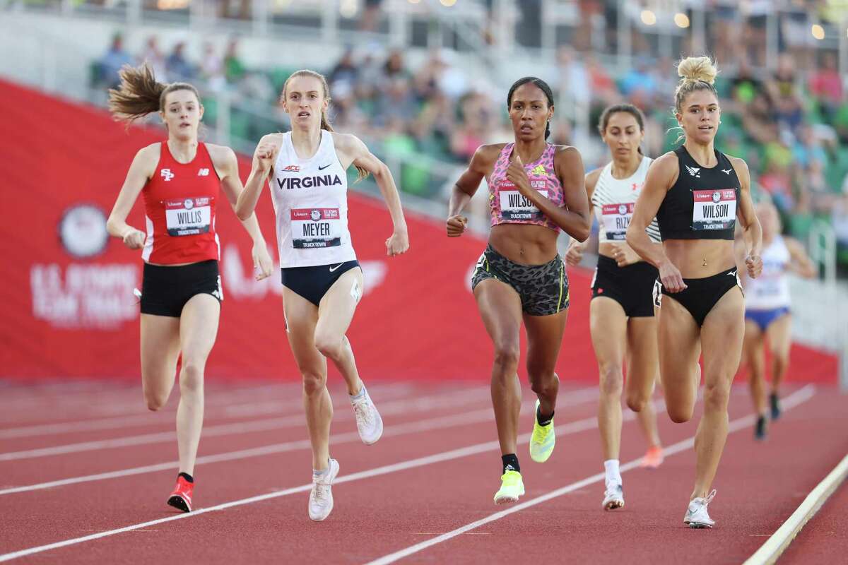 EUGENE, OREGON - JUNE 24: Michaela Meyer, Ajee' Wilson and Allie Wilson compete in the first round of the Women's 800 Meter Run on day seven of the 2020 U.S. Olympic Track & Field Team Trials at Hayward Field on June 24, 2021 in Eugene, Oregon. (Photo by Andy Lyons/Getty Images)