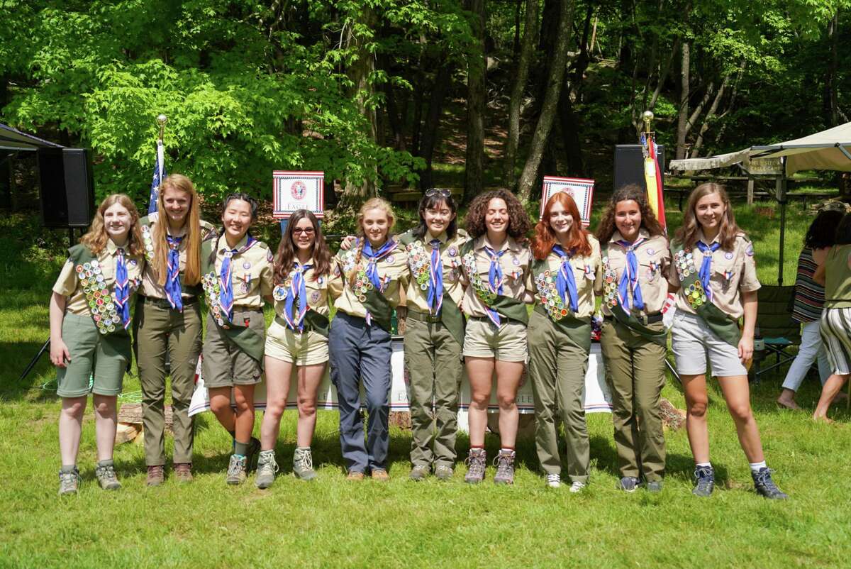 BSA Troop 19, Ridgefield's all-female scout troop, recently honored its first class of Eagle Scouts during a ceremony at Sturges Park, where the group held its inaugural campout. The scouts honored were: Maya Pereyra, Lisa van Gompel, Caroline Vilinskis, Evia Rodriguez, Gabriela Rogers, Jordan Mooney, Sophie Desmarais, Katie Bitner, Jax Mantione and Adelaine Fincham.