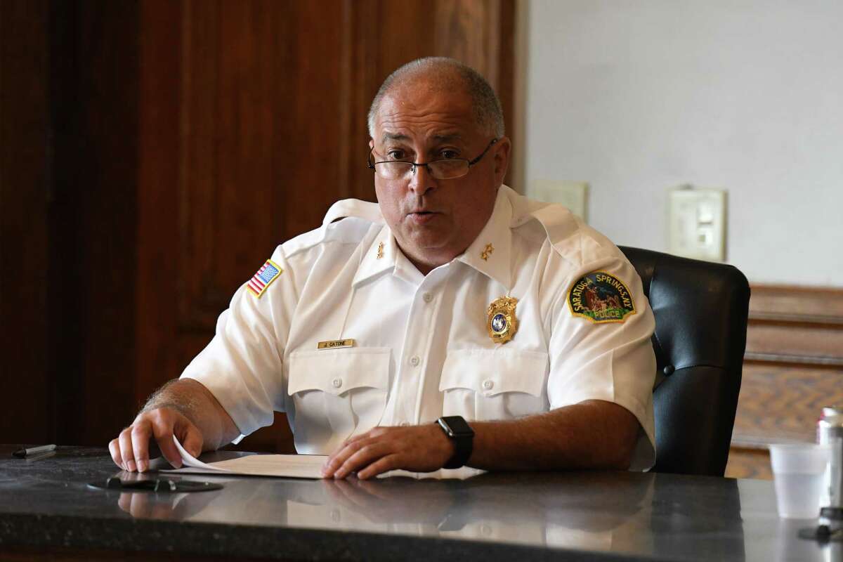 Saratoga Springs Assistant Chief John Catone speaks during a press conference at City Hall in Saratoga Springs, N.Y.