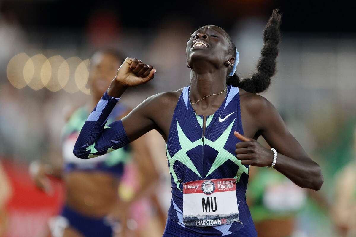 EUGENE, OREGON - JUNE 27: Athing Mu reacts after winning the Women's 800 Meter Run Final during day ten of the 2020 U.S. Olympic Track & Field Team Trials at Hayward Field on June 27, 2021 in Eugene, Oregon. (Photo by Patrick Smith/Getty Images)
