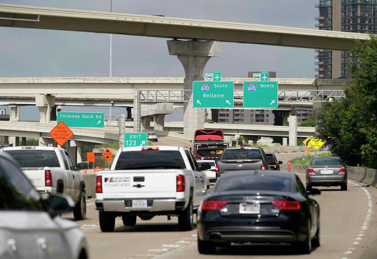 Traffic along the exit from I-69 southbound to Loop 610 is shown Wednesday, June 9, 2021 in Houston.