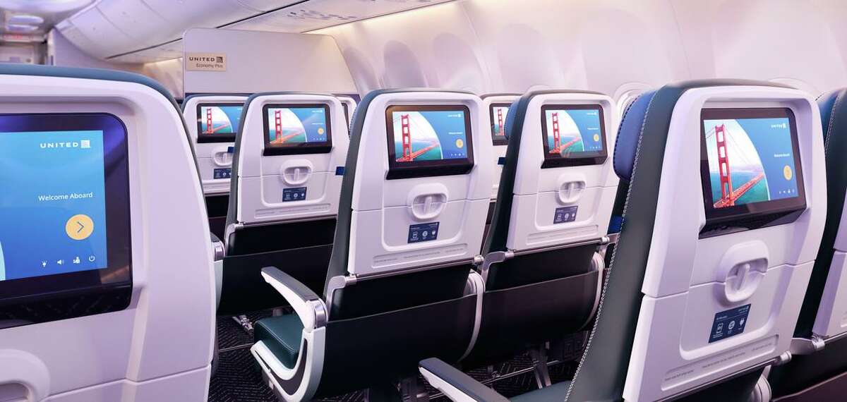 A rendering illustrates the interior of planes ordered by United Airlines, with more seats and larger storage bins compared to existing planes.