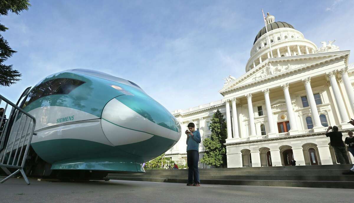 A full-scale mock-up of a high-speed train at the Capitol. Some in the Legislature are pushing to reallocate the project’s funding.