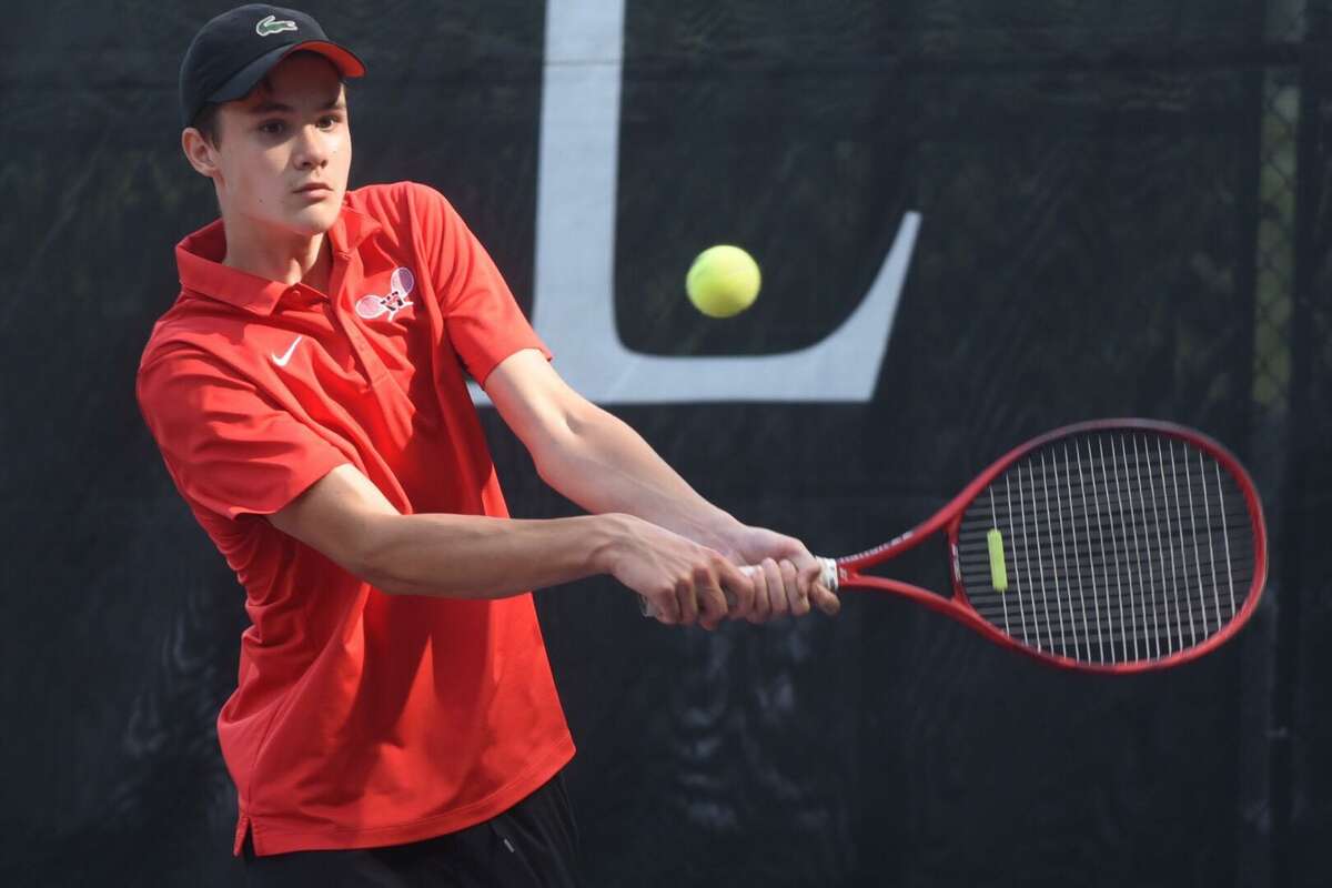 Warden Petro Kuzmenok makes a comeback during the CIAC boys tennis invitation competition at Weslyan University in Middletown, Conn. Thursday, June 10, 2021