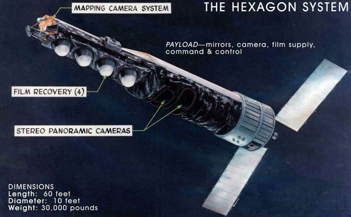 An image of the KH-9 Hexagon spy satellite released when it was declassified in 2011 after remaining top secret for 40 years. An engineer who worked on developing the Cold War craft will speak on Saturday, April 11, at the Fairfield Senior Center.