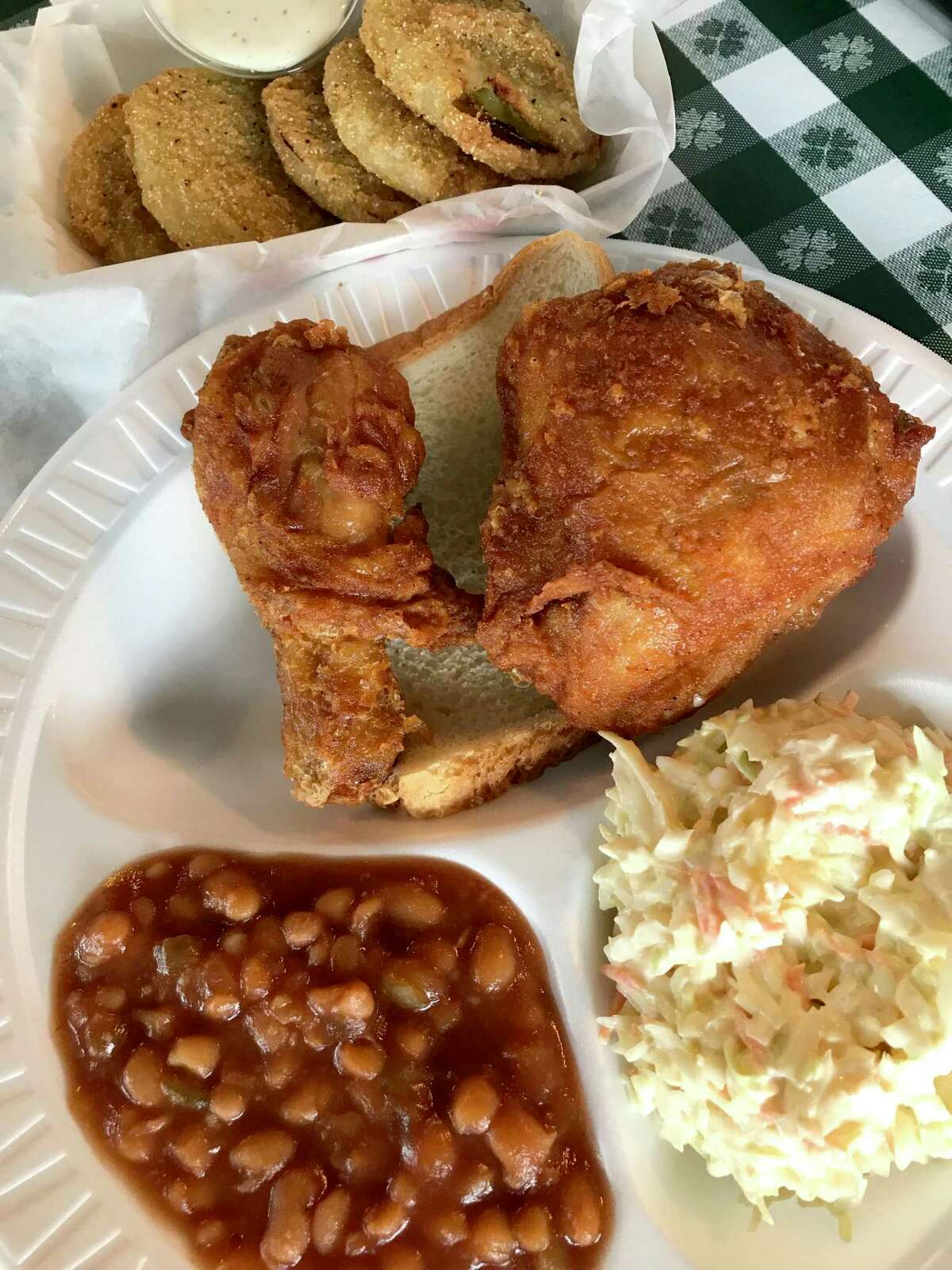 Fried green tomatoes, fried chicken, baked beans and coleslaw from Gus's World Famous Fried Chicken