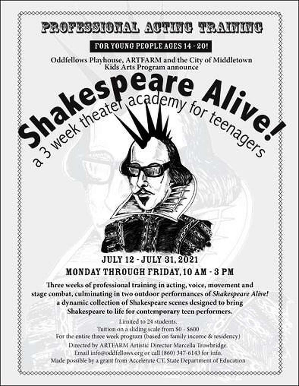 The poster for Oddfellows Playhouse Youth Theater and Artfarm’s “Shakespeare Alive!” is shown.