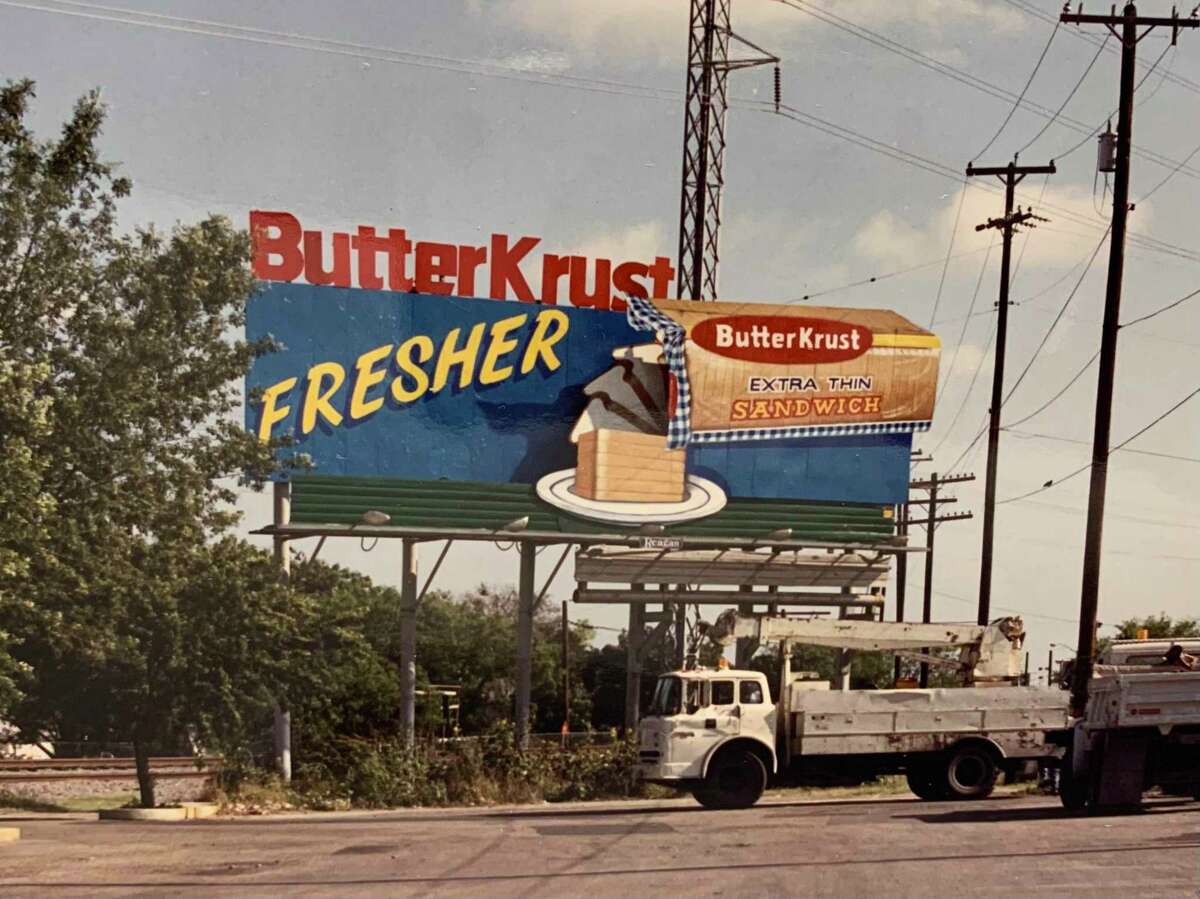 The old ButterKrust animated billboard on San Pedro near Hildebrand, shown in 1992. At one point it was the only animated billboard in San Antonio.
