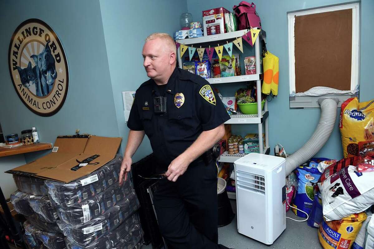 Wallingford police Lt. Stacy Sacharko, interim director of the Shirley Gianotti Municipal Animal Shelter, is photographed inside the office of the shelter in Wallingford June 29, 2021, where a temporary air-conditioning unit (right) was installed for staff.