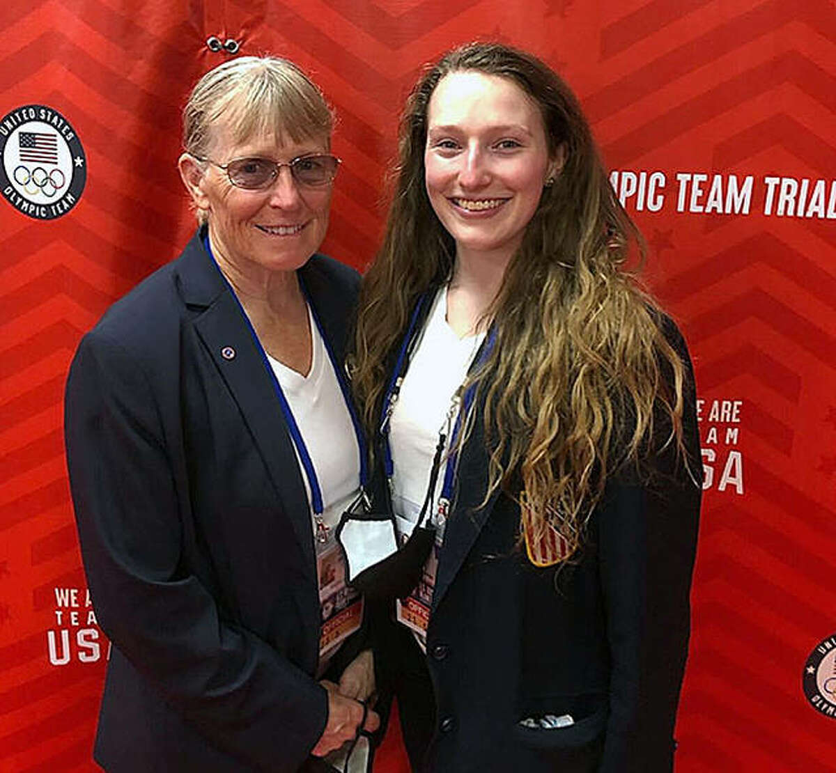 Alton’s Judy Johnson-Durr and her daughter, Posy Durr, right, were auxiliary judges for balance beam events during the recent women’s portion of the US Gymnastics Olympics Team trials in St. Louis.