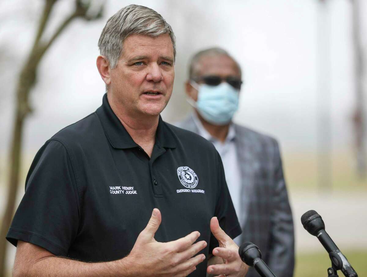 File photo shows Galveston County Judge Mark Henry speaking during a press conference about mass vaccination efforts for the county on Wednesday, Jan. 20, 2021, at Walter Hall Park in League City.