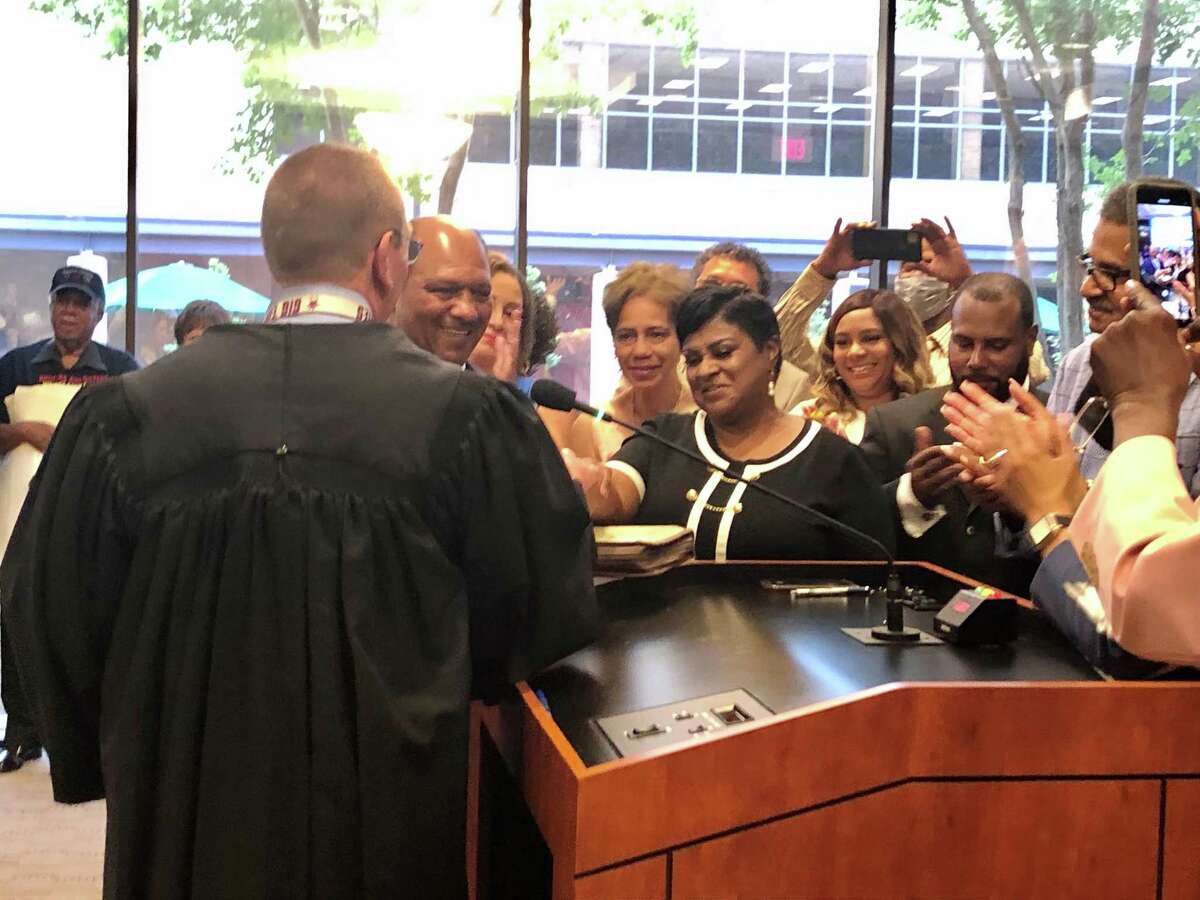 Beaumont native and former City Councilwoman Robin Mouton was officially sworn in as the mayor of Beaumont in front of a packed room before the council's regular meeting on June 29, 2021. Mouton is the first Black woman to be elected to the position. Jacob Dick/Beaumont Enterprise