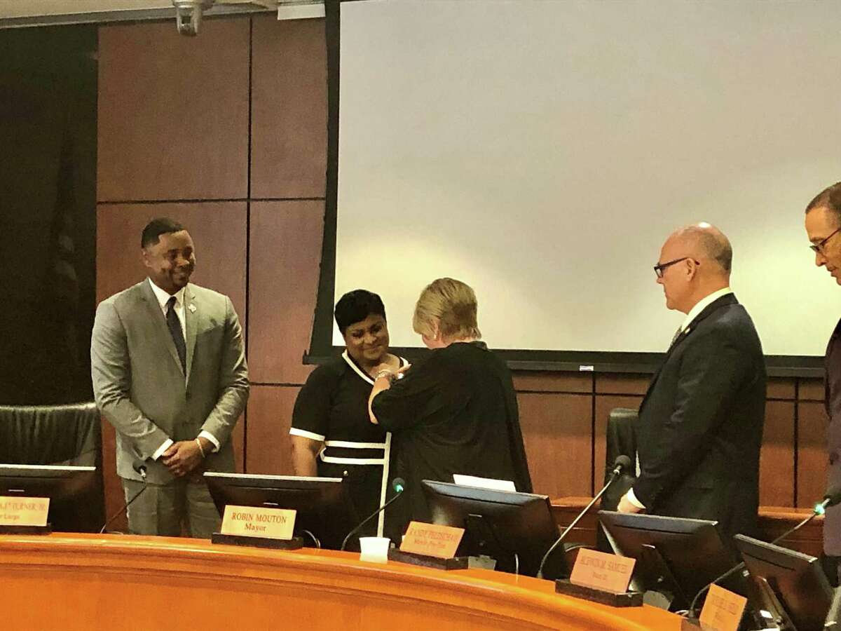 Beaumont native and former City Councilwoman Robin Mouton was officially sworn in as the mayor of Beaumont in front of a packed room before the council's regular meeting on June 29, 2021. Mouton is the first Black woman to be elected to the position. Jacob Dick/Beaumont Enterprise