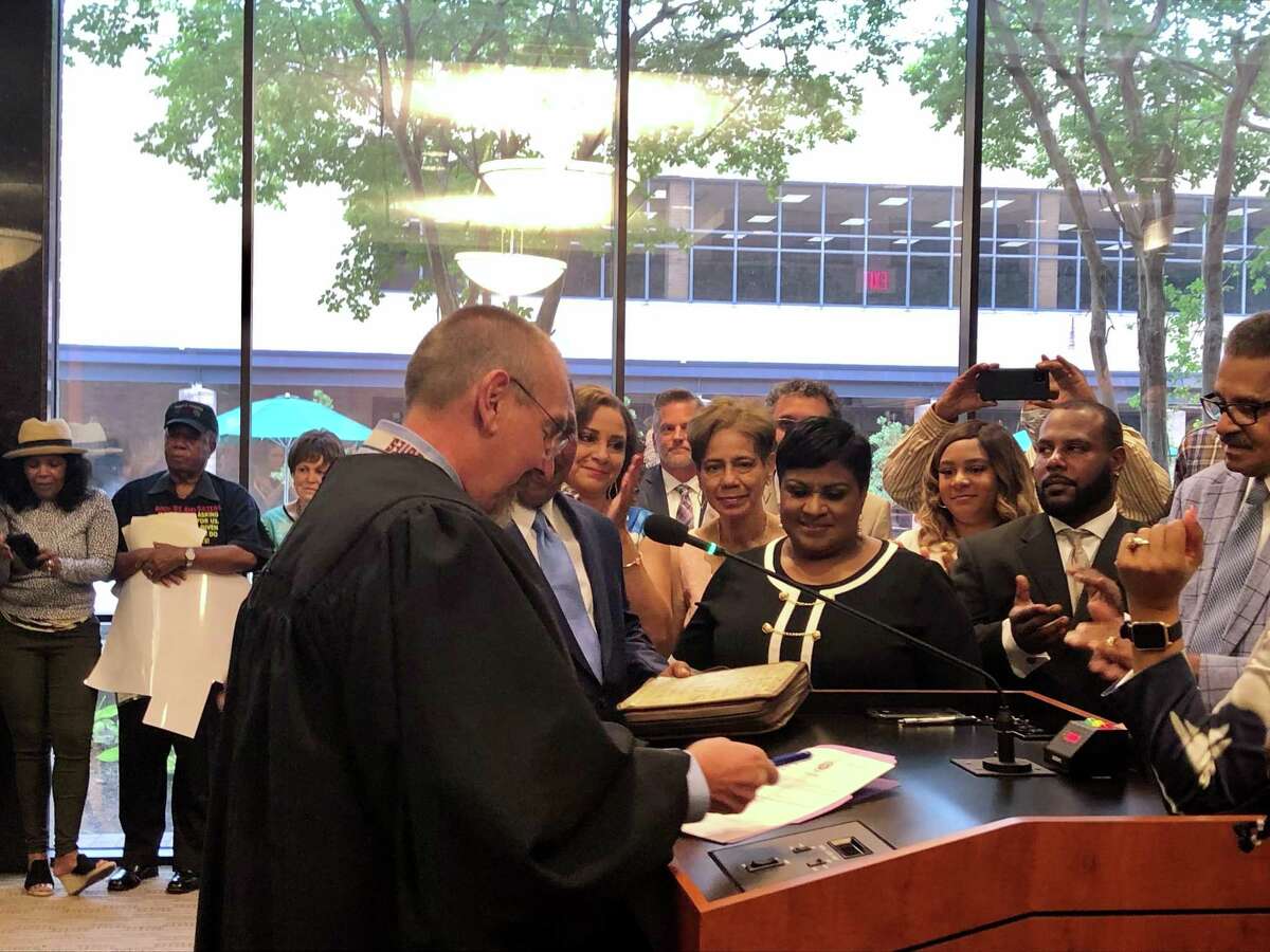 Beaumont native and former City Councilwoman Robin Mouton was officially sworn in as the mayor of Beaumont in front of a packed room before the council's regular meeting on June 29, 2021. Mouton is the first Black woman to be elected to the position. Jacob Dick/Beaumont Enterprise