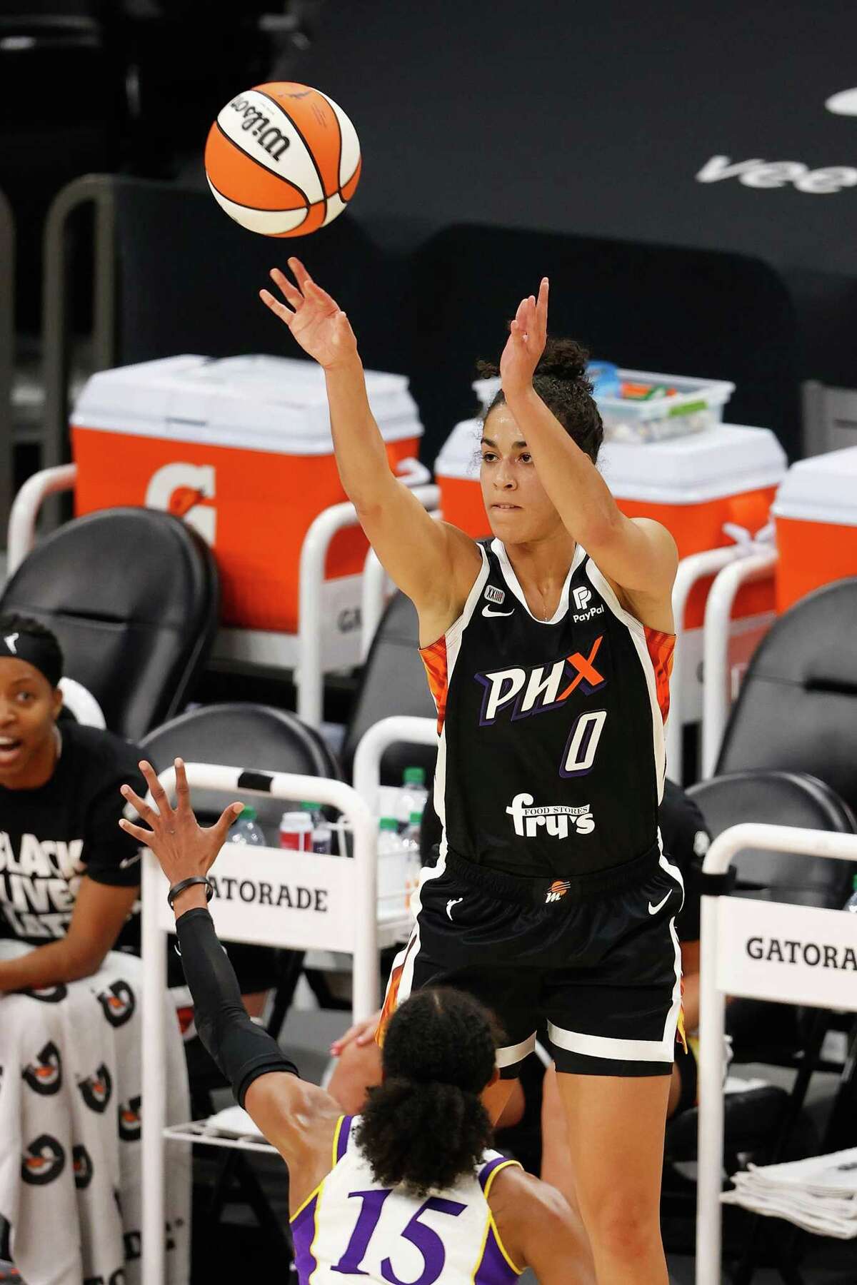 PHOENIX, ARIZONA - JUNE 27: Kia Nurse #0 of the Phoenix Mercury attempts a three-point shot against the Los Angeles Sparks during the first half of the WNBA game at Phoenix Suns Arena on June 27, 2021 in Phoenix, Arizona. NOTE TO USER: User expressly acknowledges and agrees that, by downloading and or using this photograph, User is consenting to the terms and conditions of the Getty Images License Agreement. (Photo by Christian Petersen/Getty Images)