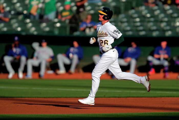 Tyler Soderstrom (21) of the Las Vegas Aviators runs to first base after  hitting the ball in the game against the Oklahoma City Dodgers on June 21,  2023 at Chickasaw Bricktown Ballpark