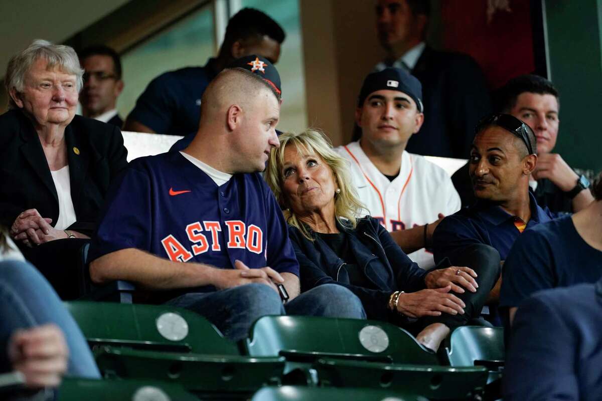 First lady Jill Biden attends baseball game between the Houston Astros and the Baltimore Orioles with members of the military and first responders at Minute Maid Park, in Houston, Tuesday, June 29, 2021. (AP Photo/Carolyn Kaster, Pool)