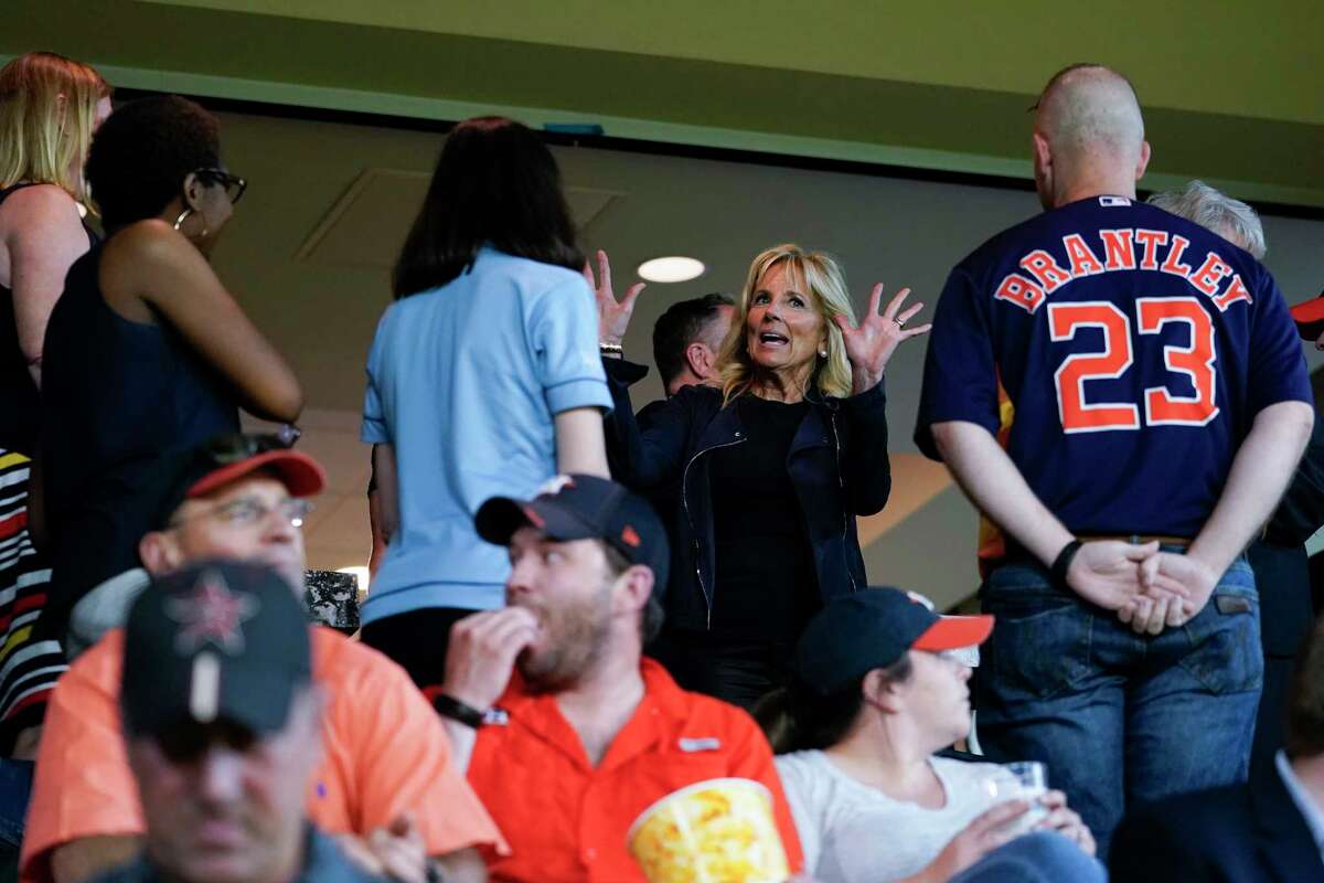 First lady Jill Biden attends a baseball game between the Houston Astros and the Baltimore Orioles at Minute Maid Park, in Houston, Tuesday, June 29, 2021. (AP Photo/Carolyn Kaster, Pool)